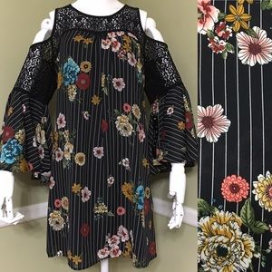 Trixxi Cold Shoulder Lace Stripes Floral Shift